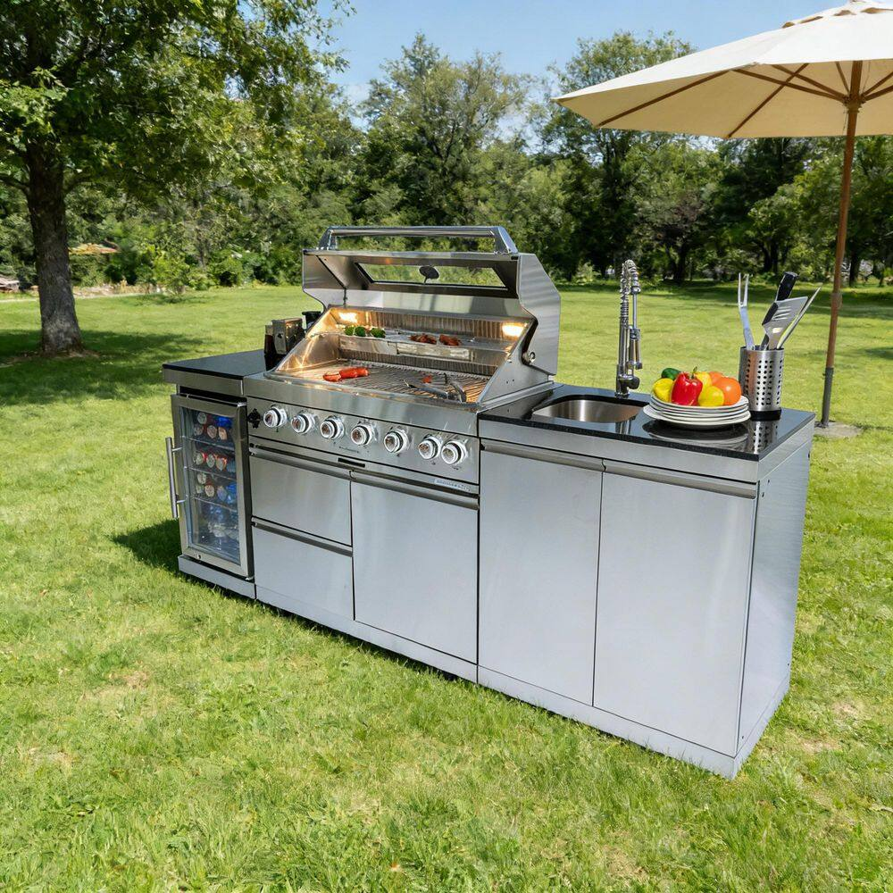 43” 6-Burner Stainless Steel Outdoor Kitchen Island with Fridge