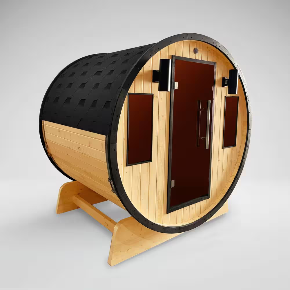 3-Person Finland Pine Traditional Barrel Sauna – Black Accents