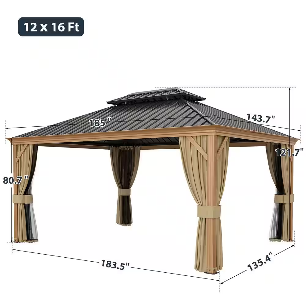 12’ x 16’ Wood Grain Aluminum Hardtop Gazebo – Double Roof