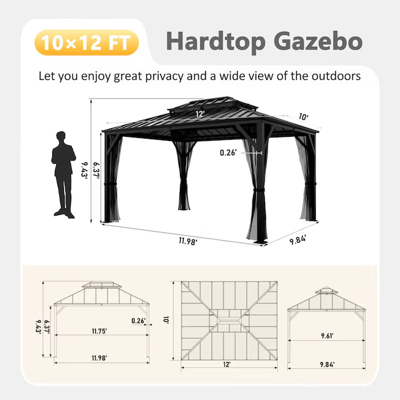 12-Ft X 10-Ft Hardtop Black Gazebo with Hardtop Roof (Screen Included)