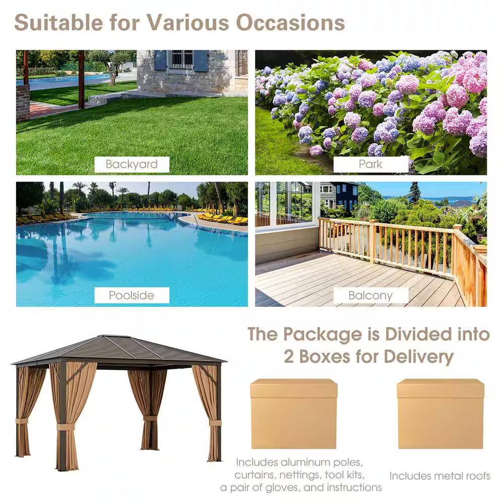12’ x 10’ Brown Hardtop Patio Gazebo – Steel Roof