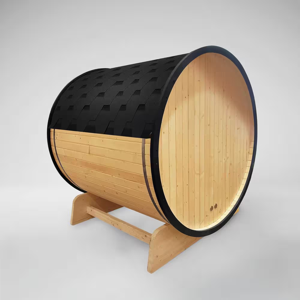 3-Person Finland Pine Traditional Barrel Sauna – Black Accents