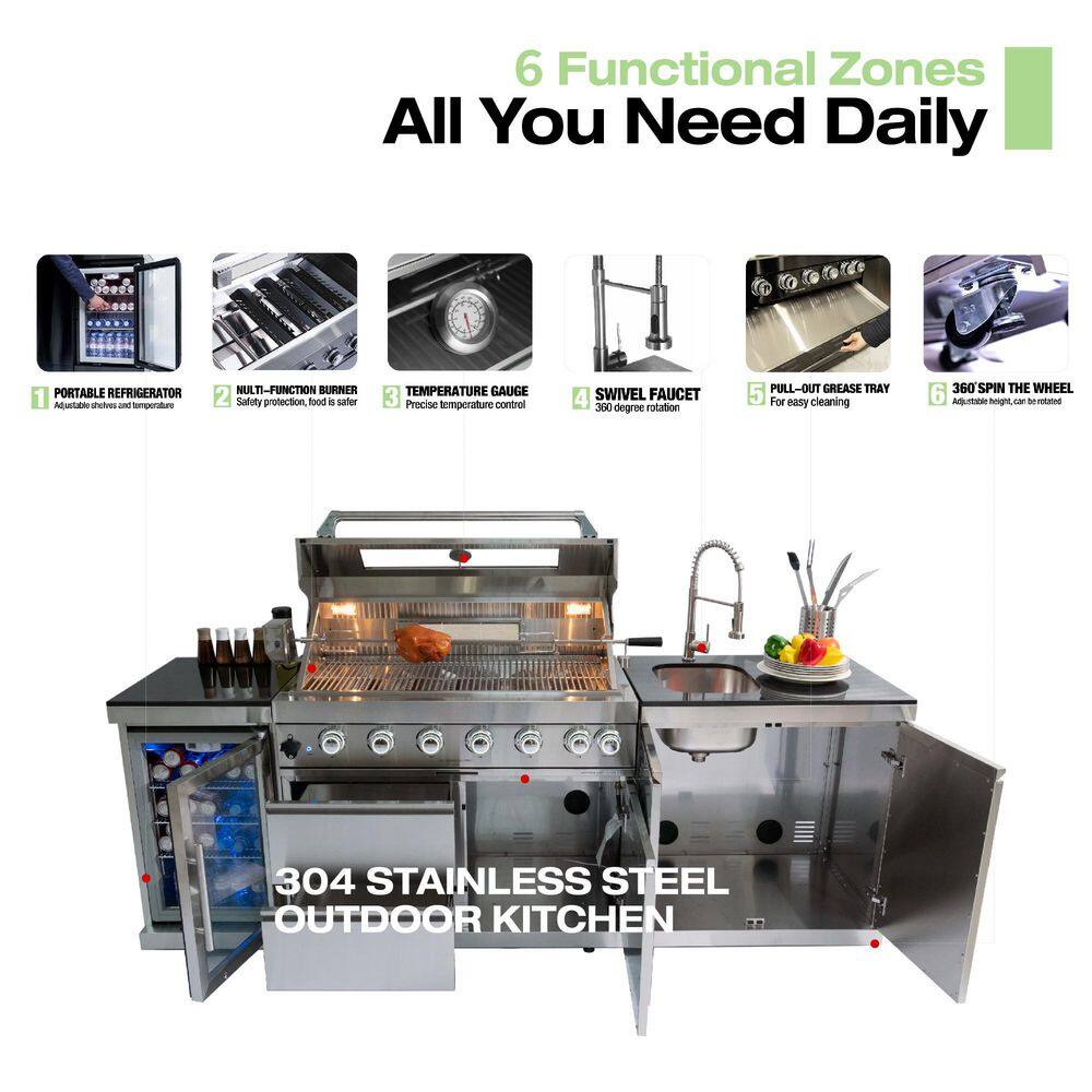 43” 6-Burner Stainless Steel Outdoor Kitchen Island with Fridge