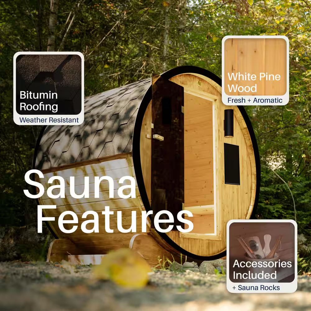 3-Person Finland Pine Traditional Barrel Sauna – Black Accents