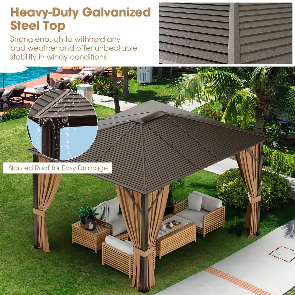 12’ x 10’ Brown Hardtop Patio Gazebo – Steel Roof