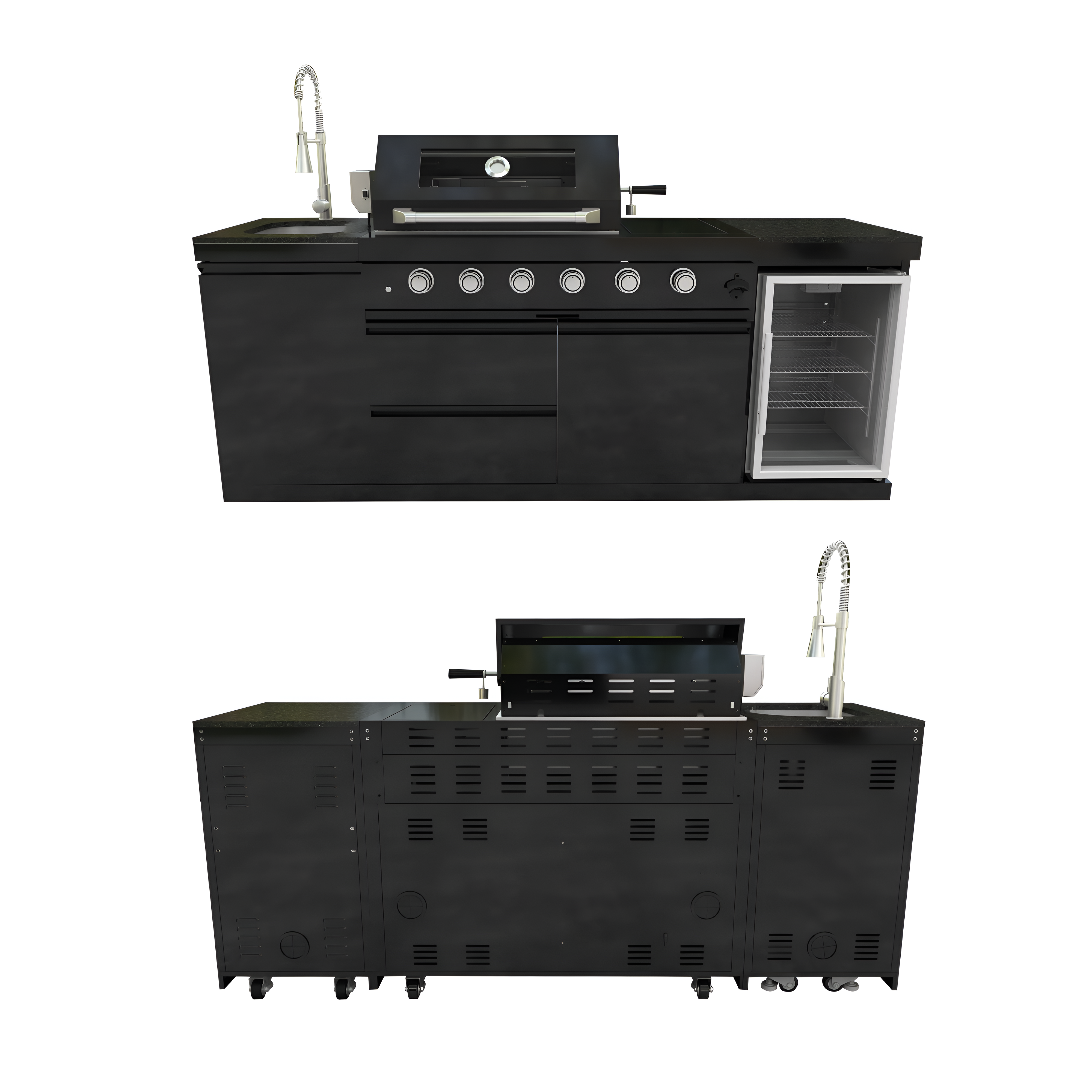 Black Stainless Steel Outdoor Kitchen Island – 4 Burner Grill, Sink & Fridge