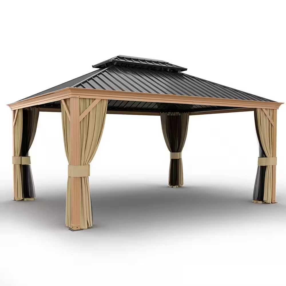 12’ x 16’ Wood Grain Aluminum Hardtop Gazebo – Double Roof
