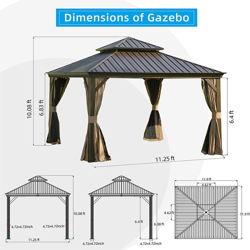 11.9’ x 11.9’ Brown Hardtop Gazebo