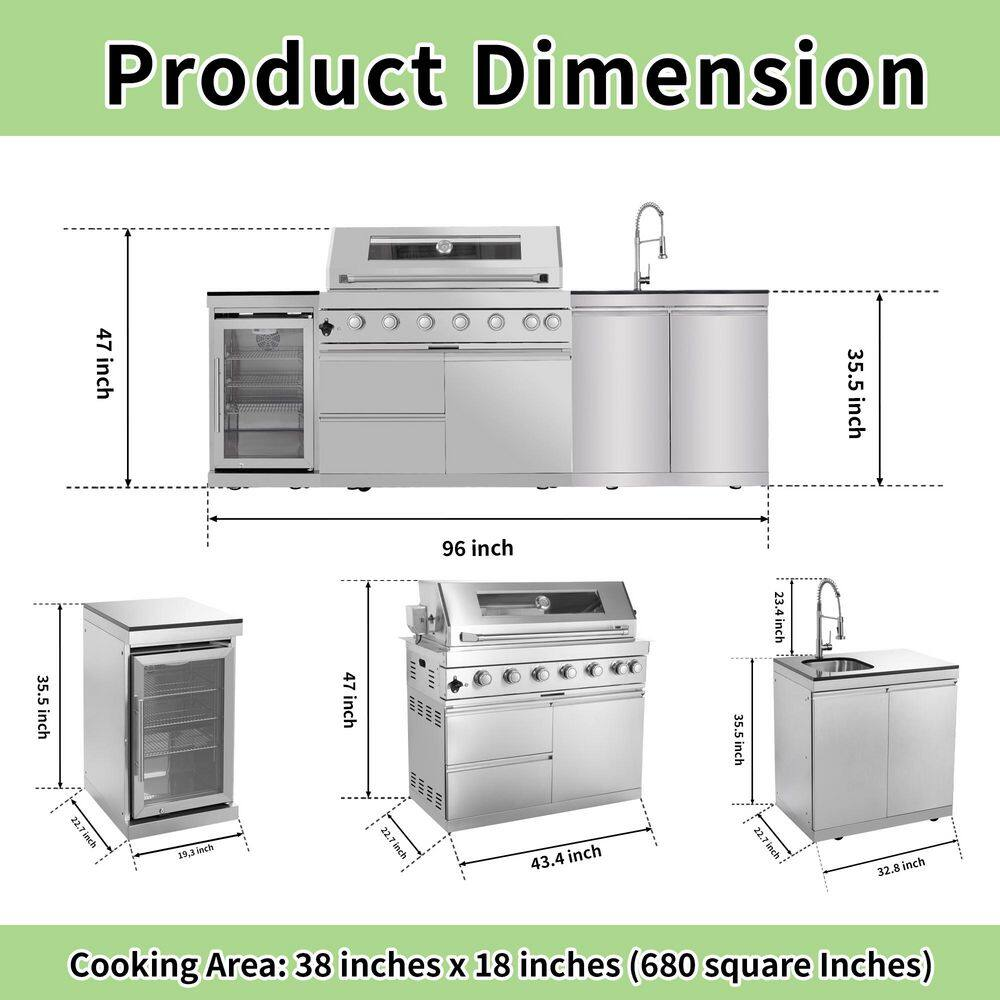43” 6-Burner Stainless Steel Outdoor Kitchen Island with Fridge