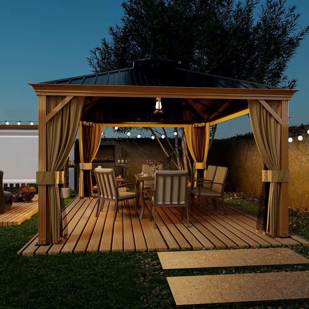 12’ x 16’ Wood Grain Aluminum Hardtop Gazebo – Double Roof