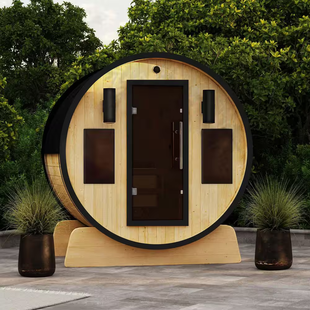 3-Person Finland Pine Traditional Barrel Sauna – Black Accents