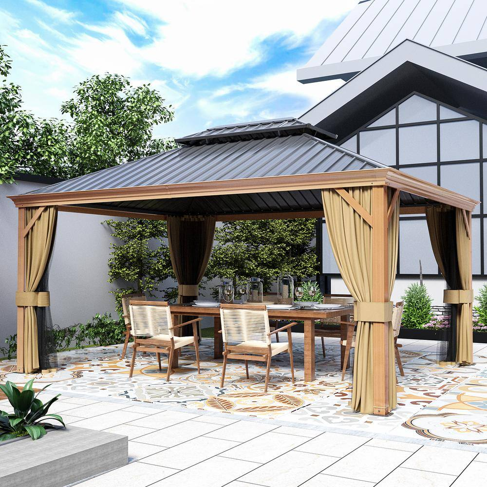 12’ x 16’ Wood Grain Aluminum Hardtop Gazebo – Double Roof
