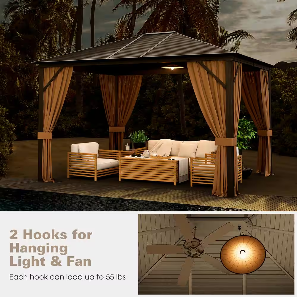 12’ x 10’ Brown Hardtop Patio Gazebo – Steel Roof